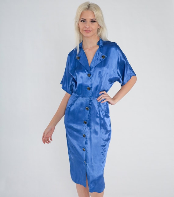 Shiny Blue Dress 90s Button Up Midi Secretary Dress Retro Pencil Short Sleeve Preppy Simple Cocktail Chic Evening Vintage 1990s Medium M