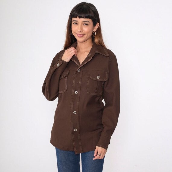 70s Button Up Shirt Chocolate Brown Top-Stitch Re… - image 5