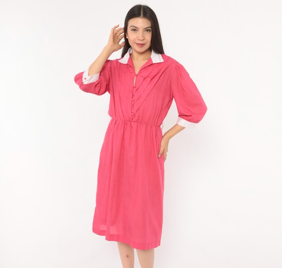80s Fuchsia Puff Sleeve Dress Pink Button Front Collared White Collar Cuff Pleated Bodice Rose Vintage Secretary Shirtdress Small Medium S M