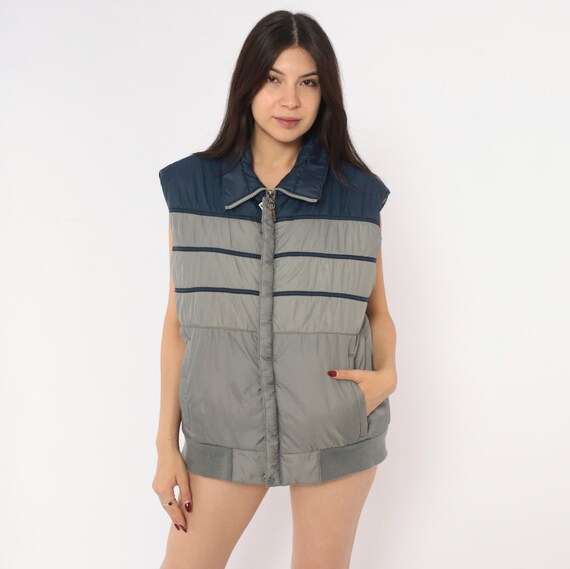 80s Puffer Vest Dark blue Grey Color Block Quilted Waistcoat Striped Gorpcore Outdoor Layering Hiking Camping Trail Vintage Mens Medium M