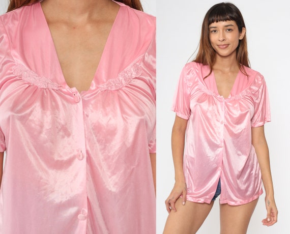 Shiny Pink Pajama Top Lingerie PJ Shirt 00s Floral Embroidered Button up Sleep Shirt Short Sleeve Silky Polyester Vintage Y2K Medium Etsy Canada