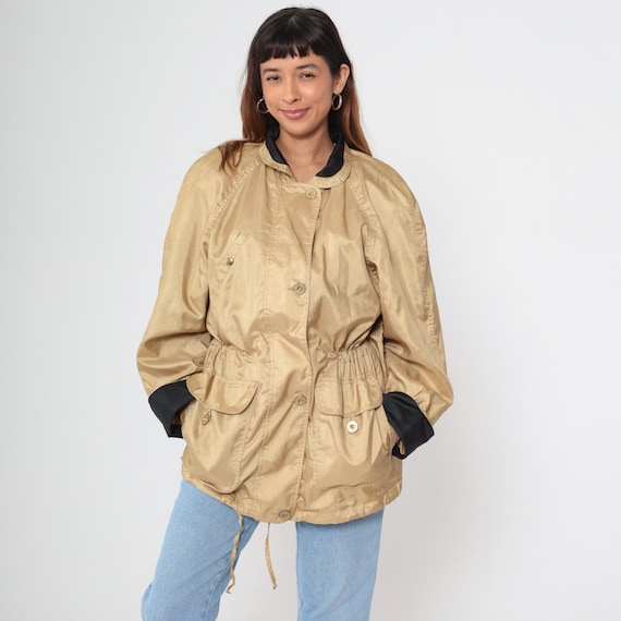 Windbreaker 80s Gantos Gold Track Jacket Nylon Shell Black Trim Drawstring Waist Athletic Casual 80s Jacket Metallic Oversized Medium M