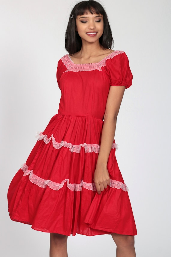 Red Peasant Dress Country Dance 70s Puff Sleeve Flame… Gem