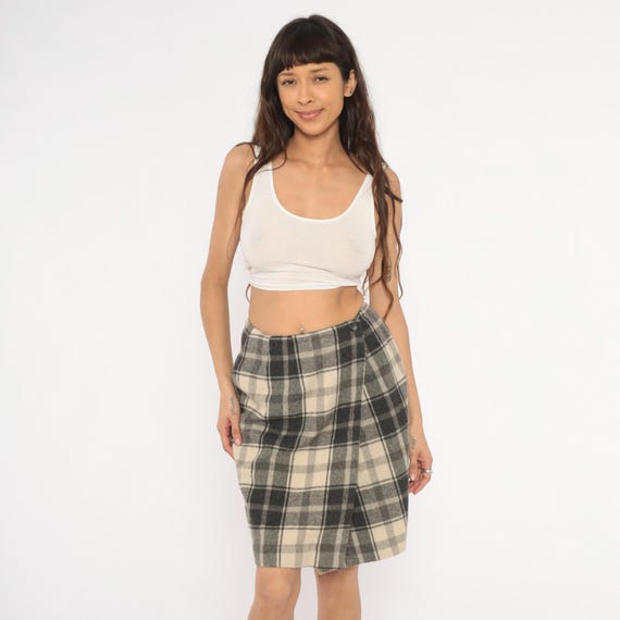 Plaid Wool Skirt Y2K Charcoal Cream Check Wrap Front Pencil Tartan Academy Preppy Office Black Mini School Girl Uniform Vintage Medium M