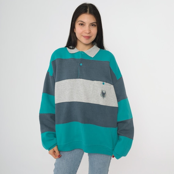 Vintage 90s Cherokee Colorblock Stripe Sweatshirt Teal Gray Navy Oversized Rugby Pullover Collegiate Streetwear Long Sleeve Large L