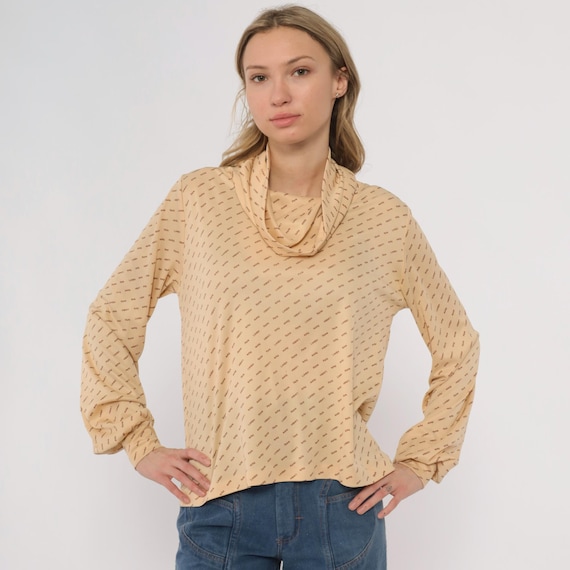 70s European Cities Blouse Beige London Paris Rome Print Cowl Neck Vintage Long Sleeve Top Travel  Disco Neutral Soft Slouchy Medium M