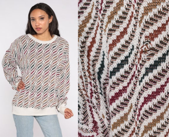 90s Geometric Sweater White 90s Cotton Knit Jumper 1990s Statement Sweater Vintage Pullover Oversized Red Extra Small xs