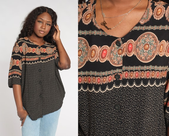 Boho Blouse 90s Button Up Shirt Black Abstract Medallion Print Top Retro Short Sleeve Summer Bohemian Hippie 1990s Vintage Rayon Large L