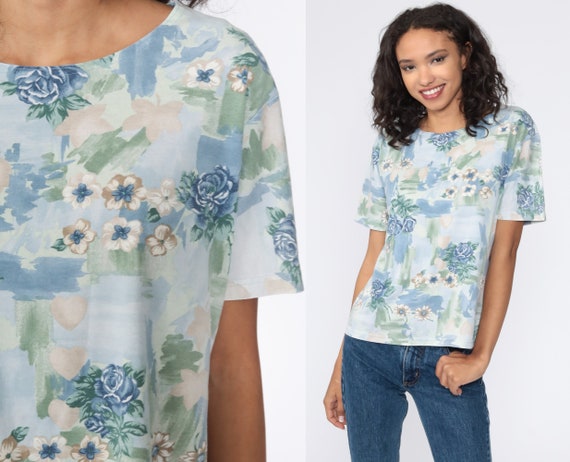 Floral T Shirt Blue Flower Shirt Retro TShirt Vintage T Shirt 90s Tee Graphic Print 1990s Medium Large