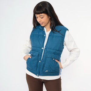 Vintage Blue Puffer Vest 80s Striped Ski Vest Puffy Sleeveless Jacket Snap Up Nylon Skiwear Retro Winter 1980s Polaris Small Medium