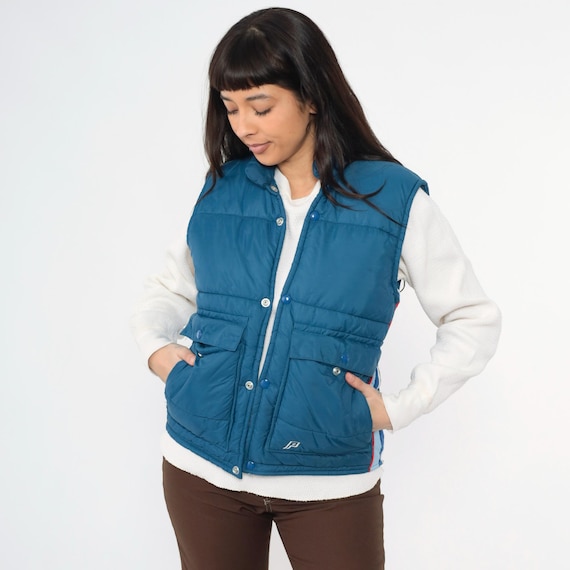 Vintage Blue Puffer Vest 80s Striped Ski Vest Puffy Sleeveless Jacket Snap Up Nylon Skiwear Retro Winter 1980s Polaris Small Medium