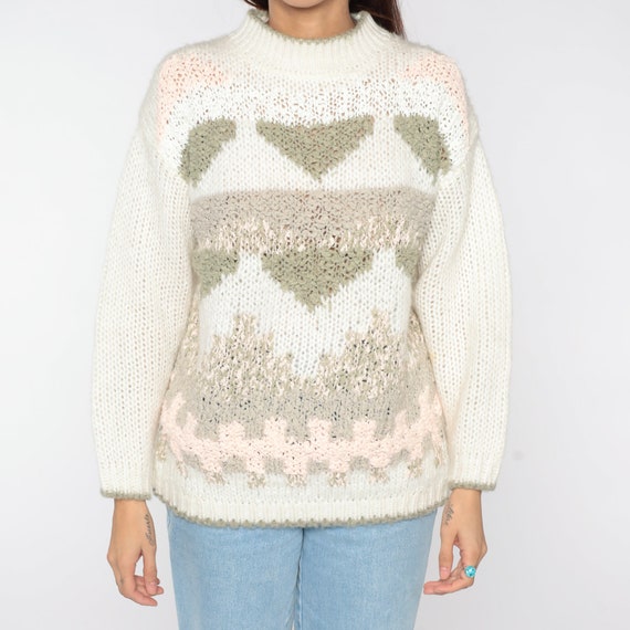 80s Geometric Sweater Sheer White Mock Neck Knit … - image 7