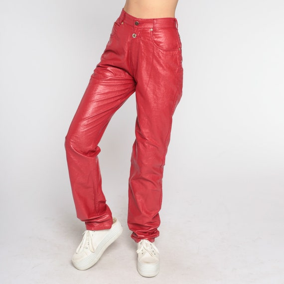 Red Faux Leather Pants 90s High Waisted Pants Fake Ve… Gem