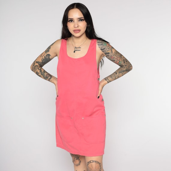 Pink Jumper Dress 90s Mini Pinafore Shift 1990s Casual Cotton Pocket Dress Grunge Shift Dress Vintage Minidress Button Side Sleeveless Small