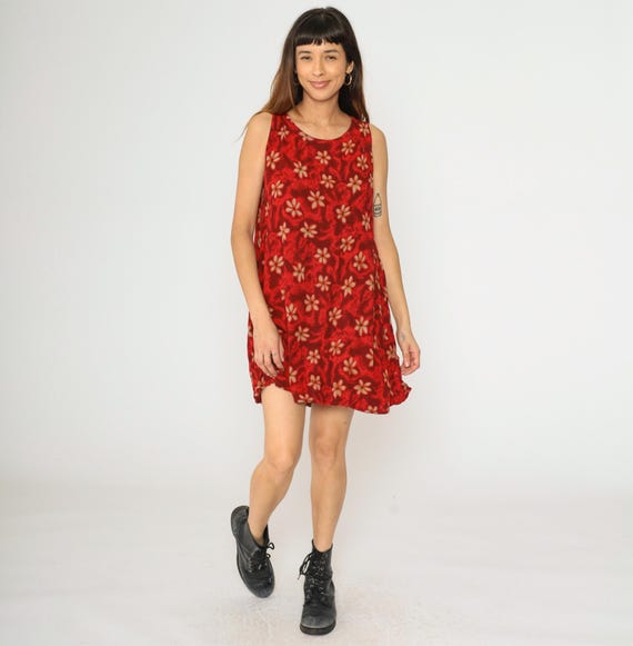 Red Floral Hawaiian Dress Vintage 90s A-Line Sundress Mini Sun Dress 1990s Summer Bohemian Shift Boho Sleeveless Sheath Small Medium