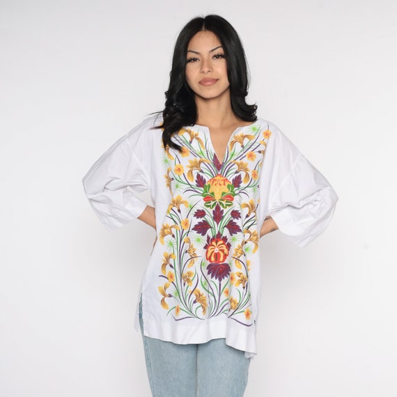 White Floral Blouse 90s Tunic Top Hippie Long Wide Sleeve Top Grunge Boho 1990s Vintage Bohemian Medium