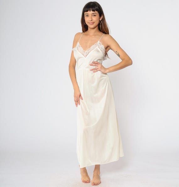 Vintage Slip Maxi Dress 80s Off-White Lace Semi-Sheer Lingerie Boho 1980s Deep V Neck High Waisted Spaghetti Strap Small