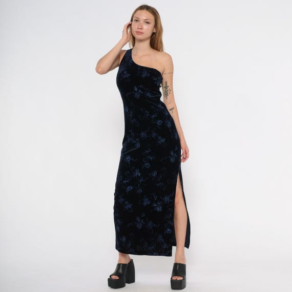 Navy 90s Velvet Gown One Shoulder Dress Floral Glitter Asymmetric Blue Slit Sleeveless Evening Cocktail Dark Formal Party Going Out Large L