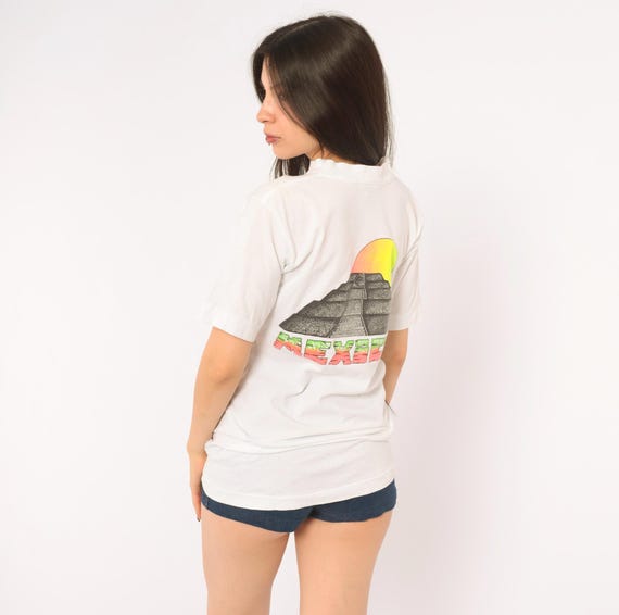 90s Mexico Souvenir Tee White Cotton Graphic T Shirt Chichen Itza Pyramid Neon Sunset Tourist Travel Top Boxy Fit Vintage Extra Small XS