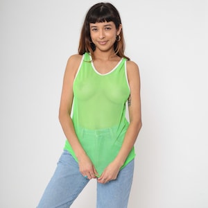 Vintage Neon Grün Mesh Tank Top 90er Jahre Sheer Racerback Shirt Schlicht Retro ärmelloses Top Sport Gym Style Clubwear OS Small Medium Large