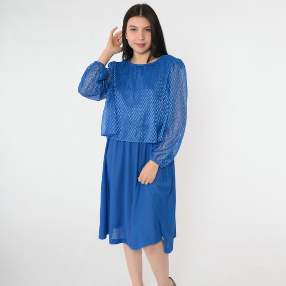 80s Royal Blue Secretary Dress Midi Dress Blouson Knife Pleated Leaf Print 1980s Bohemian High Waist Puff Sleeve Retro Vintage Small S
