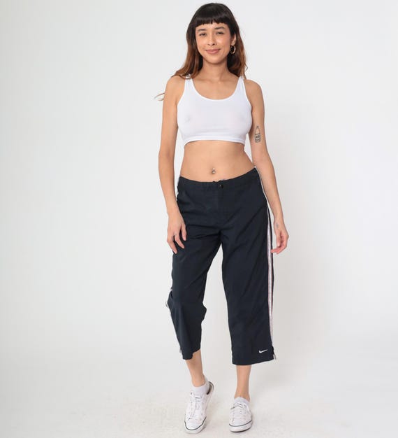 Nike Track Pants Y2K Black Side Stripe Pink White Athletic Wear Cropped Capri Vintage Sportswear Athleisure 2000s Era Large L