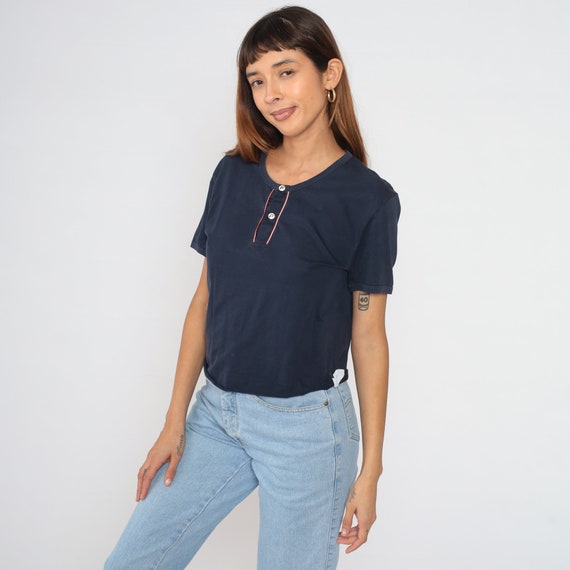 Fila T-Shirt Y2K Navy Blue Henley Tee Basic Shirt Short Sleeve Half Button up Top Retro Plain TShirt Casual Solid Cotton Vintage 00s Small S