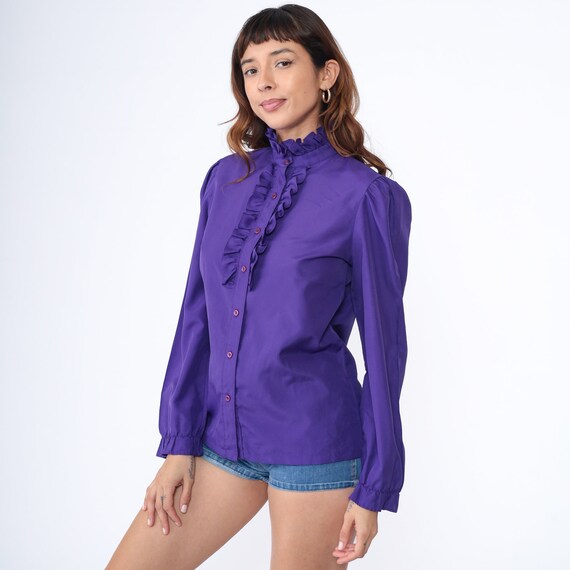 Purple  Ruffle Blouse 80s Tuxedo Button Up Top Ro… - image 4