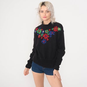 Suéter floral bordado Suéter de punto negro de los años 90 Suéter boho Suéter de los años 90 Suéter vintage de algodón Esprit Pequeño Mediano