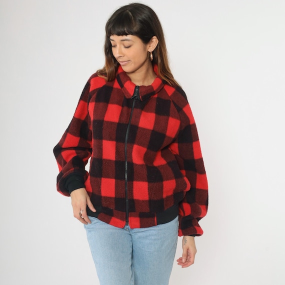 Vintage Red Buffalo Plaid Fleece Jacket 90s Polar Fleece Checkered Zip Up Bomber Jacket 1990s Cozy Black Retro Medium