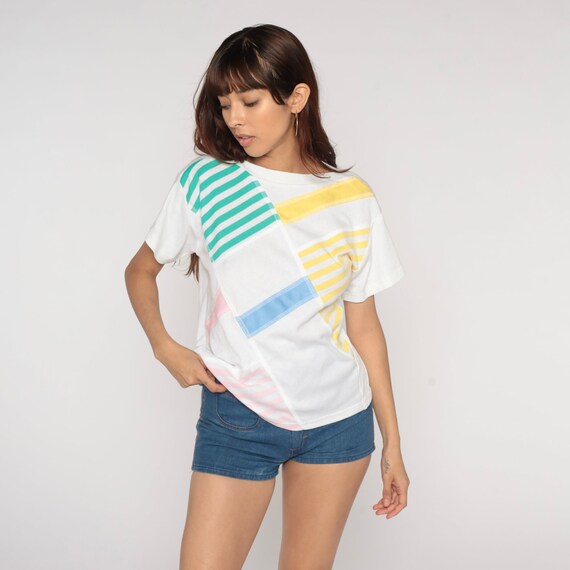 White Striped Shirt Boatneck Top CAP SLEEVE Blouse 80s TShirt Vintage Multicolor Pink Blue Yellow Pastel Boat Neck Retro 1980s Medium
