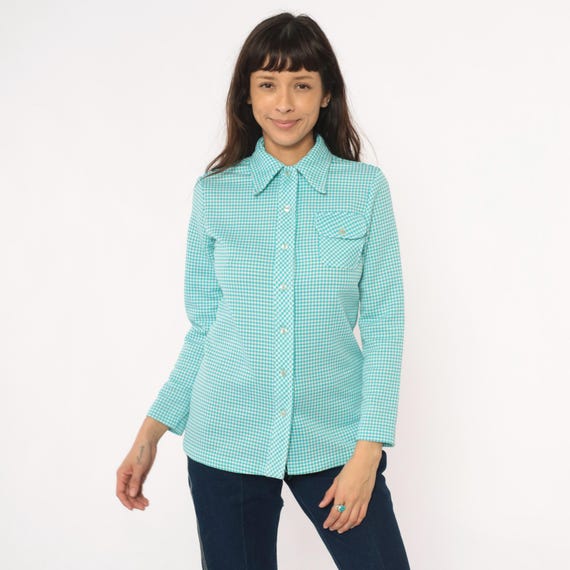 70s Gingham Shirt Turquoise Blue White Checkered Long Sleeve Top Chest Pocket Preppy Light Academia Clean Girl Vintage Mint Teal Small S