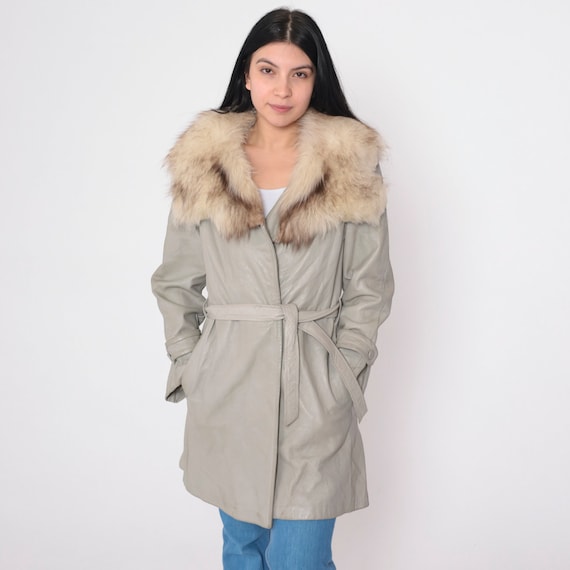 Leather Penny Lane Coat 70s Light Grey Faux Fur Collar Jacket Hippie Belted Boho Retro Seventies Rockstar Girlfriend Vintage 1970s Small S