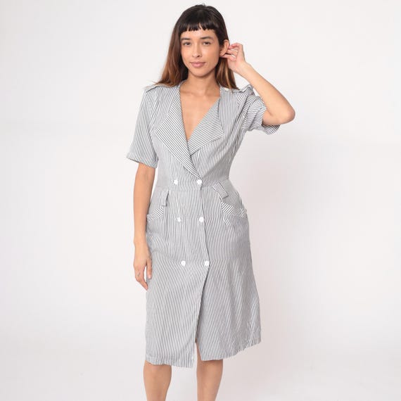 Pinstriped Blazer Dress 90s Gray White 90s Midi Double Breasted Short Sleeve Wrap Dress Office Gothic Professional Business Vintage Medium M