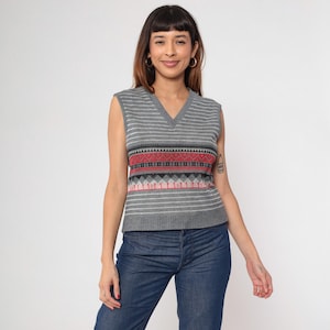 Vintage Geometric Sweater Vest Grey Knit Shirt Nerd Sweater Top 80s Boho Hippie Sleeveless 1980s Striped Vest V Neck Red White Small