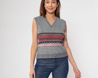 Vintage Geometric Sweater Vest Grey Knit Shirt Nerd Sweater Top 80s Boho Hippie Sleeveless 1980s Striped Vest V Neck Red White Small