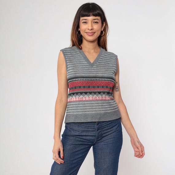 Vintage Geometric Sweater Vest Grey Knit Shirt Nerd Sweater Top 80s Boho Hippie Sleeveless 1980s Striped Vest V Neck Red White Small