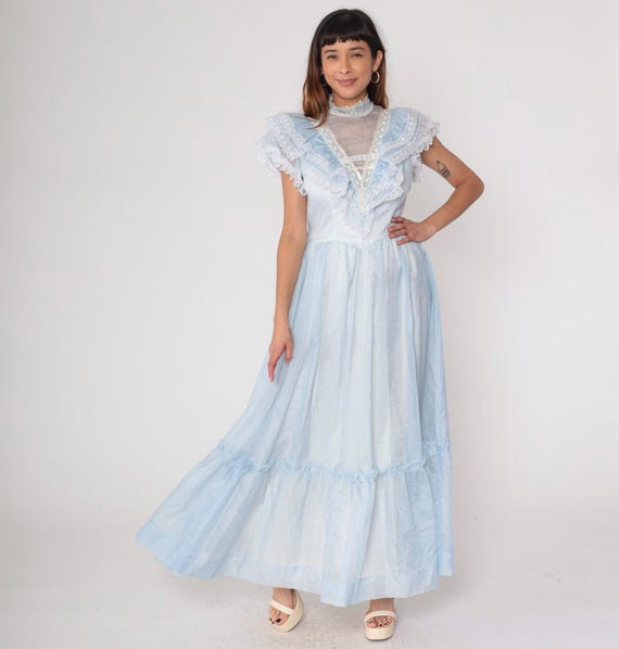 Prairie Maxi Dress Vintage 70s Light Blue Polka Dot Lace Ruffle Trim High Neck Romantic Cottagecore Gown Sleeveless Victorian Medium M