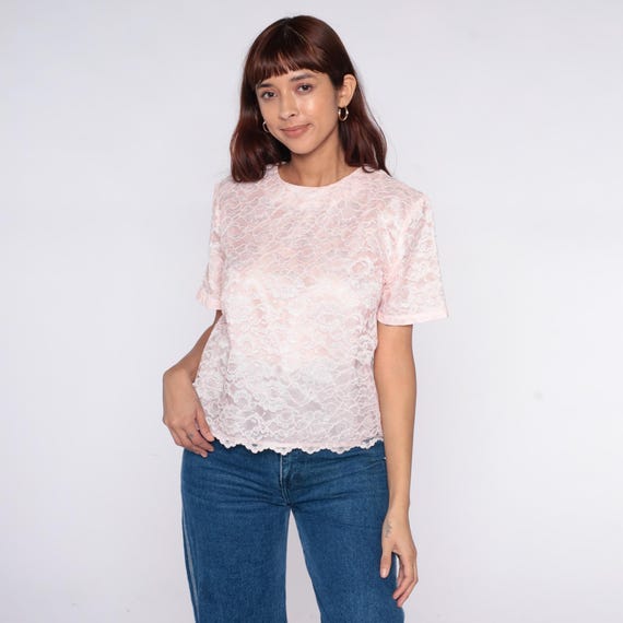 Pink Lace Top 80s Blush Sheer Floral Scalloped Keyhole Back Romantic Coquette Feminine White Overlay Vintage Preppy Shirt Delicate Medium M