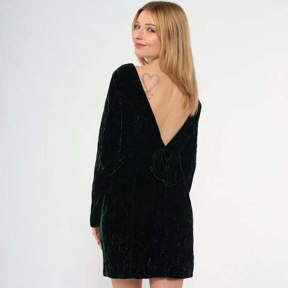 Vintage Green Velvet Mini Dress 70s Mod Party Deep V Back Bow Cocktail Sheath 1970s Formal Holiday MiniDress Night Out Backless Small S