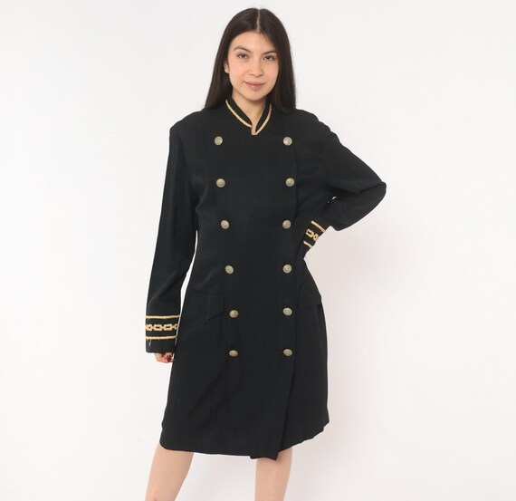 Military Double Breasted Coat Dress 90s Gold Chain Embroidered Mandarin Collar Button Front Black Officer Style Nautical Vintage Large L