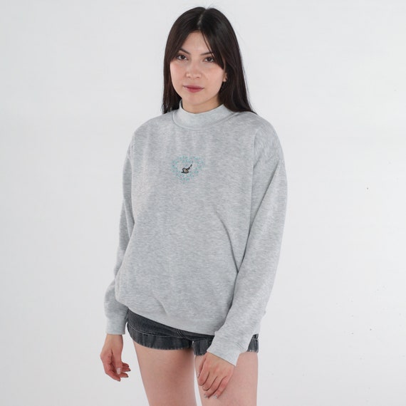 Bird Sweatshirt 90s Embroidered Floral Heart Graphic Sweater Retro Animal Pullover Mock Neck Wildlife Grandma Grey Vintage 1990s Medium
