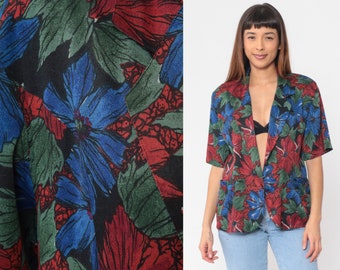 Bloemenblouse jaren '90 Diepe V-hals Top Button Up Shirt Korte mouw Blazer Jas Zwart Blauw Rood Groen Bloemenprint Op maat Vintage jaren 1990 Medium