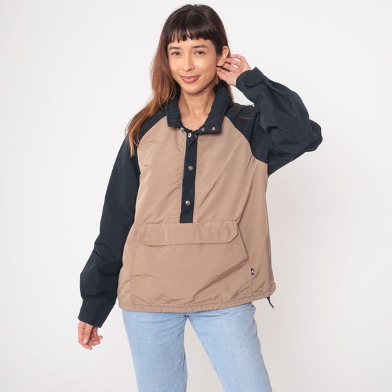 80s Colorblock Anorak Pullover Beige Navy Windbreaker Track Jacket Kangaroo Pocket Vintage Tan Black Athletic Sporty Gorpcore Large L