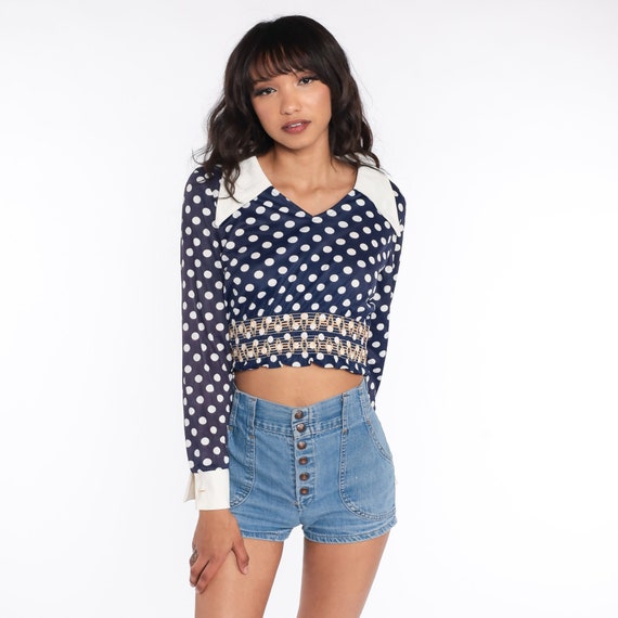 Blue Polka Dot Shirt Cropped Blouse 70s Bohemian Shirt Smocked Disco Top Dagger Collar 1970s Hippie Long Sleeve Blouse Boho Small Medium