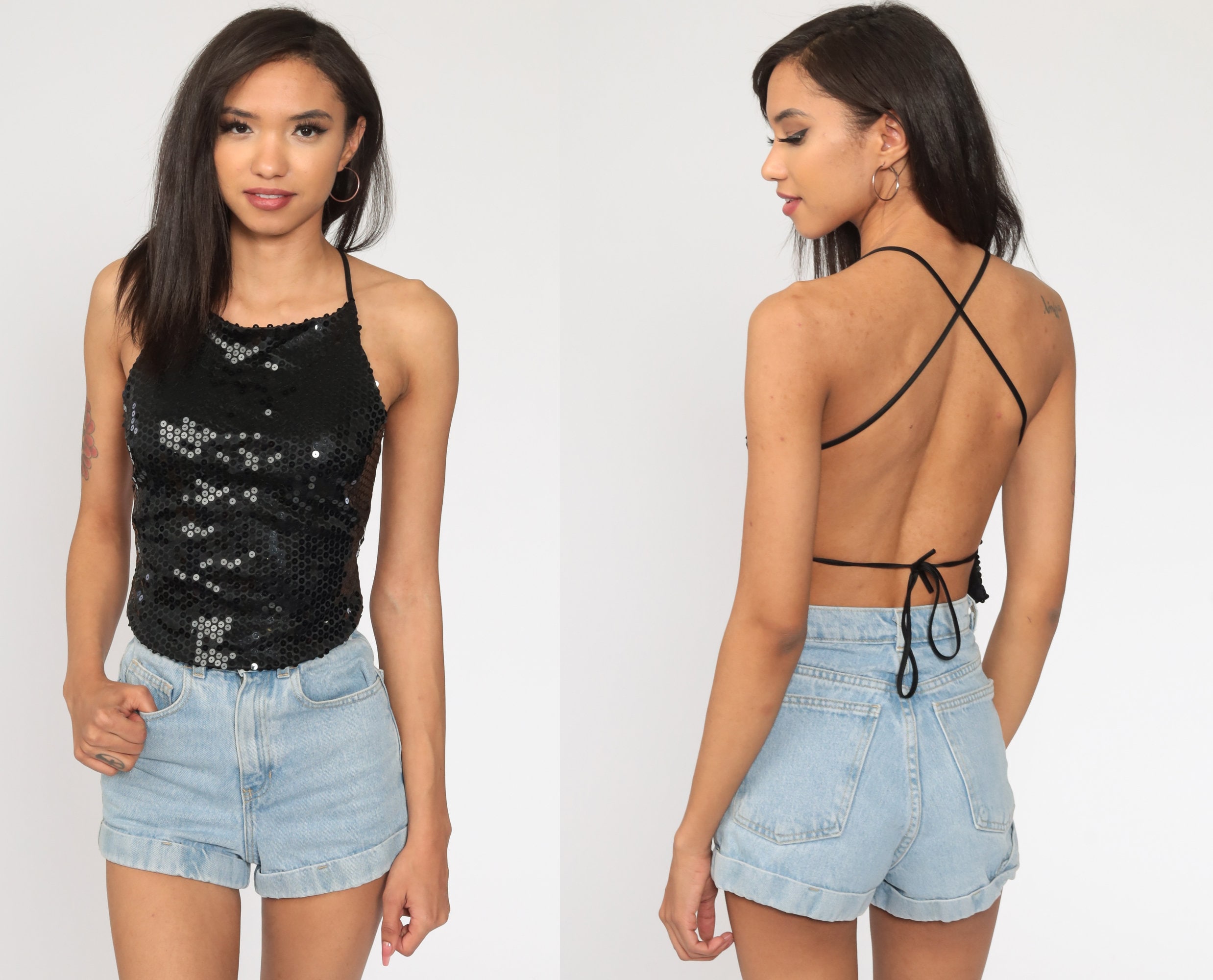 Bebe Sequin Top Y2k Black Shirt Tank Top 00s Blouse Party Spaghetti Strap Crop Top Criss Cross Deep V Backless Small Medium Large