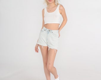 Lee Shorts tagliati anni '80 e '90, pantaloncini in denim, pantaloncini in jeans tagliati, pantaloncini a vita alta, sbiaditi, sfilacciati, blu chiaro, vintage, taglia extra piccola xs 25