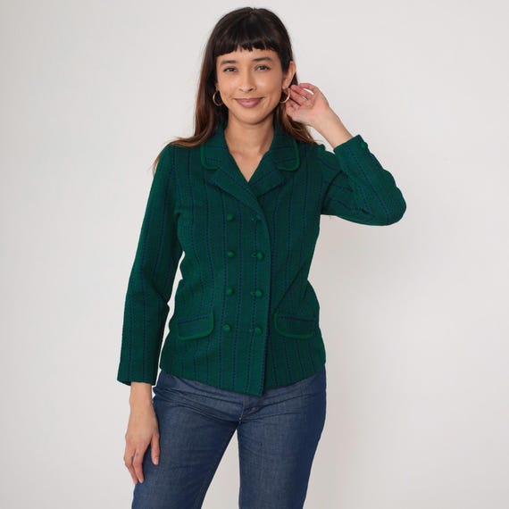 Green Double Breasted Blazer 1960s Wool Textured Weave Vintage Structured Jacket Forest Green Lapels Pockets Retro Striped Small S