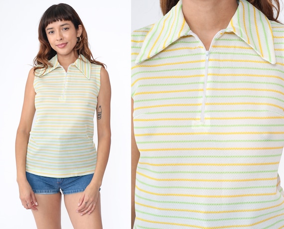 70s Shirt Mod Striped Tank Top Front Zipper Sleeveless Blouse Retro White Lime Green Yellow Vintage 1970s Collar Zip Up Small S