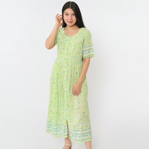 90s Lime Green Floral Dress Vintage Light Cotton Summer Button Up Dress Flower Print Midi Short Sleeve Grunge High Waist 1990s Medium Large